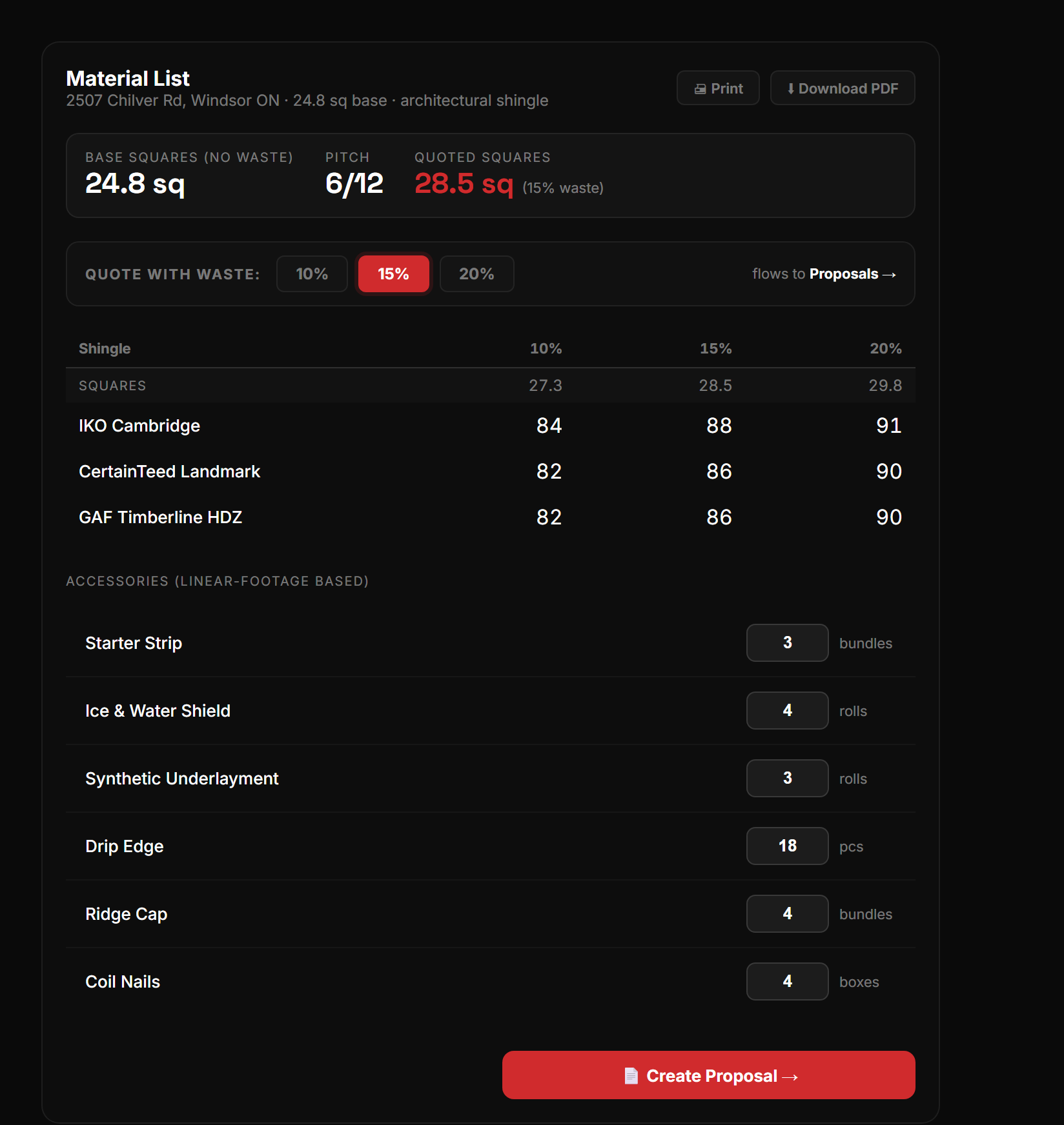 In-app material take-off list