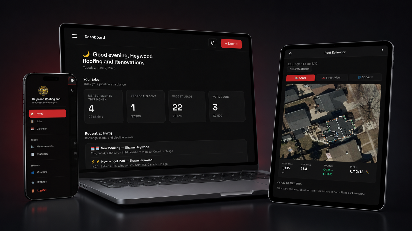Bulldog Roof Estimator dashboard shown on a laptop, phone, and tablet