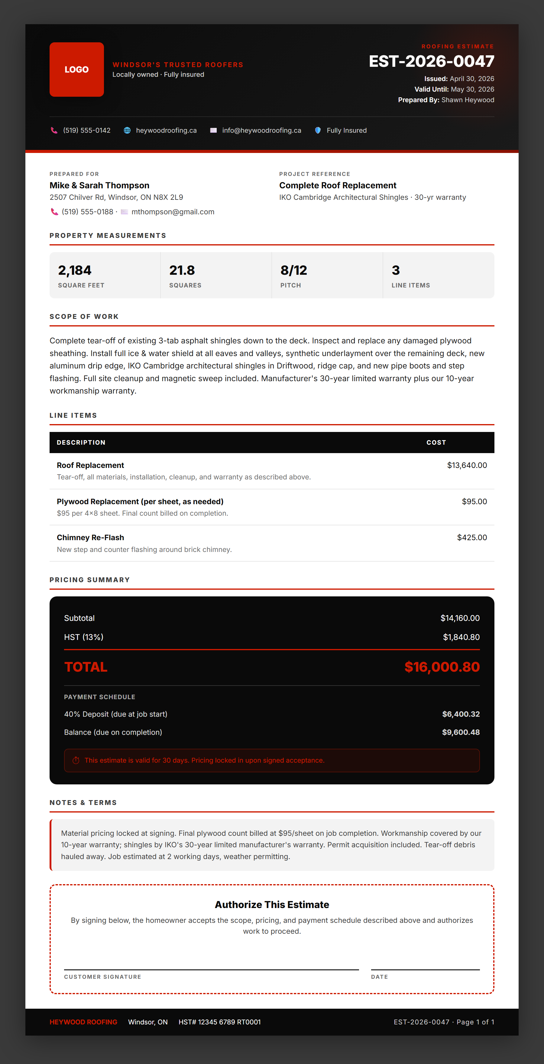 Branded roofing proposal with e-signature